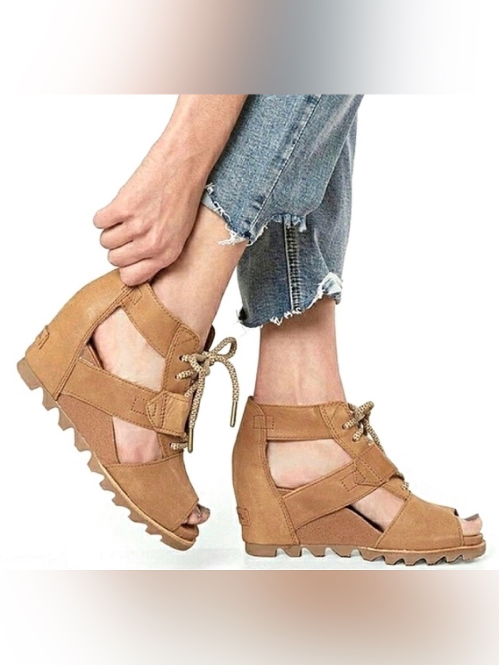 SOREL JOANIE II TAN BROWN LACE WEDGE SANDALS Sz 7.5